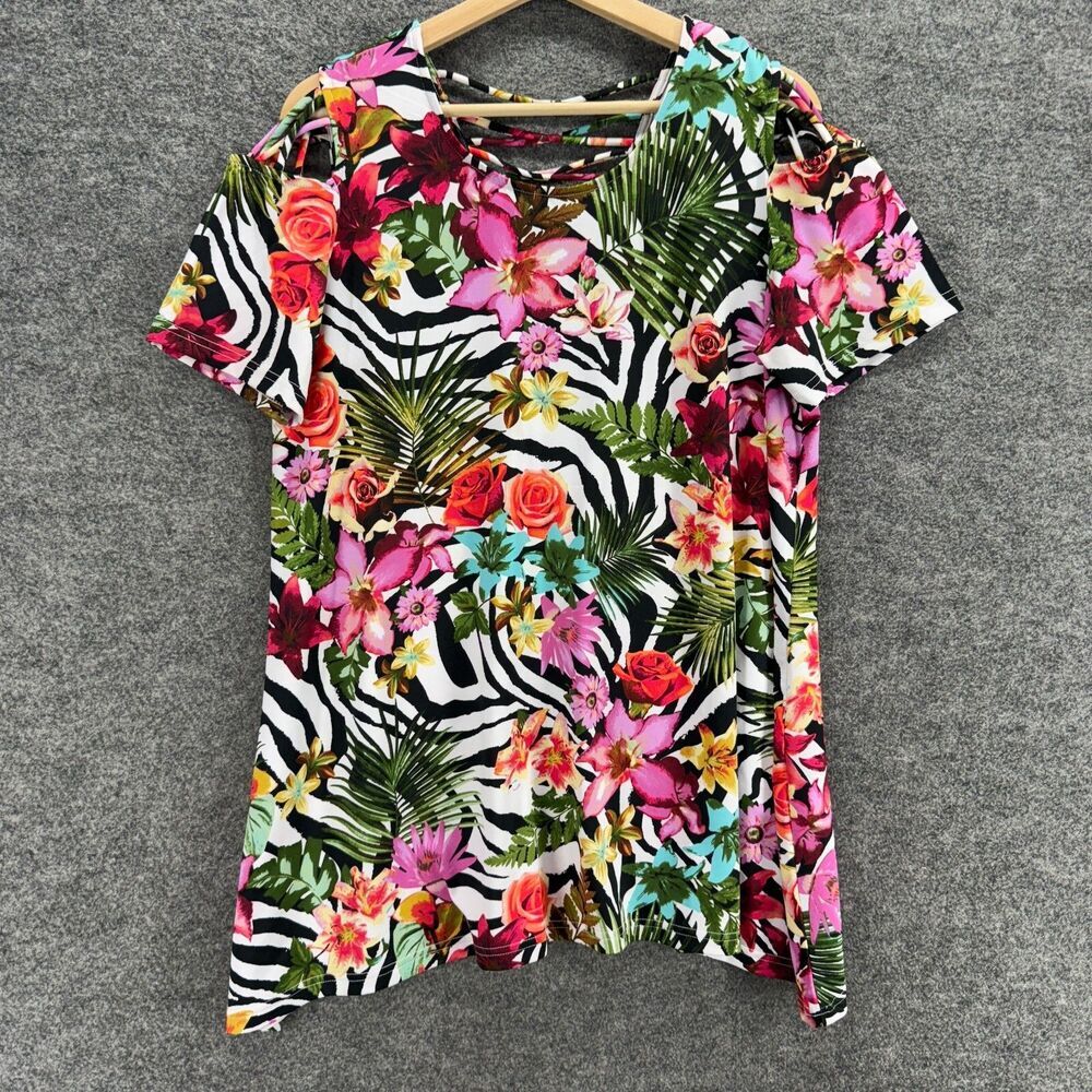 Anthony Richards T-Shirt Women XL Black Floral Crew Neck Short Sleeve Casual